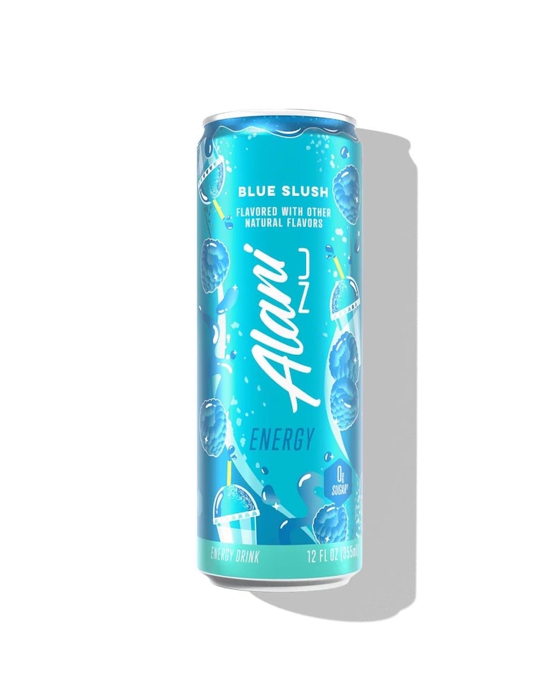 May include: A turquoise Alani Nu energy drink can with the words "Blue Slush" and "Energy" printed on it. The can has a blue slushy graphic and is 12 fl oz.