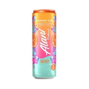 May include: A can of Alani Nu Orange Kiss energy drink. The can features an orange and pink gradient with tropical illustrations and the words "Orange Kiss" and "Energy". The can is 12 fl oz.