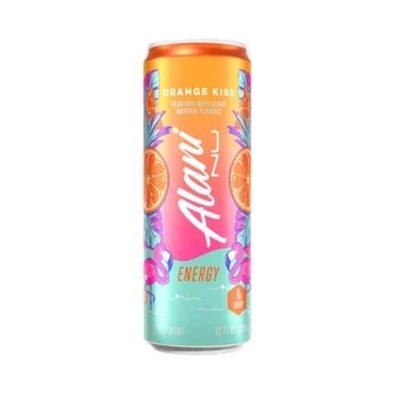 May include: A can of Alani Nu Orange Kiss energy drink. The can features an orange and pink gradient with tropical illustrations and the words "Orange Kiss" and "Energy". The can is 12 fl oz.