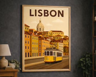 May include: Framed art print featuring a vintage-style illustration of Lisbon, Portugal, with a yellow tram, buildings, and the city name. The artwork is displayed in a living room setting with a dog.