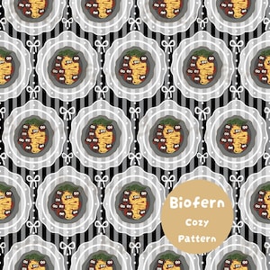 May include: A repeating pattern featuring illustrations of spaghetti with meatballs and green herbs on gray plates, framed by white scalloped borders and small white bows, set against a black and white vertical striped background with text.