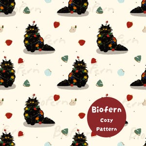 Christmas Black Cat Seamless Pattern PNG, Cute Lights Kitty Digital Paper, Funny Holiday Pet Fabric Sublimation Commercial Digital Download