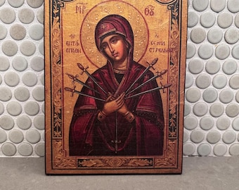 Handmade Our Lady of Sorrows Icon • Byzantine Orthodox Catholic Wall Art