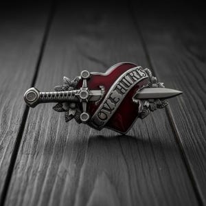 May include: A silver-toned brooch featuring a red heart pierced by a sword. The heart has the words "LOVE HURTS" on a banner. Floral accents surround the heart and sword, creating a detailed, gothic-inspired design.