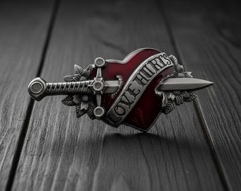 Hebilla de cinturón "El amor duele", hebilla de cinturón con corazón y daga, hebilla gótica con corazón, hebilla de cinturón motera, hebilla de cinturón rockera, hebilla vintage "El amor duele"