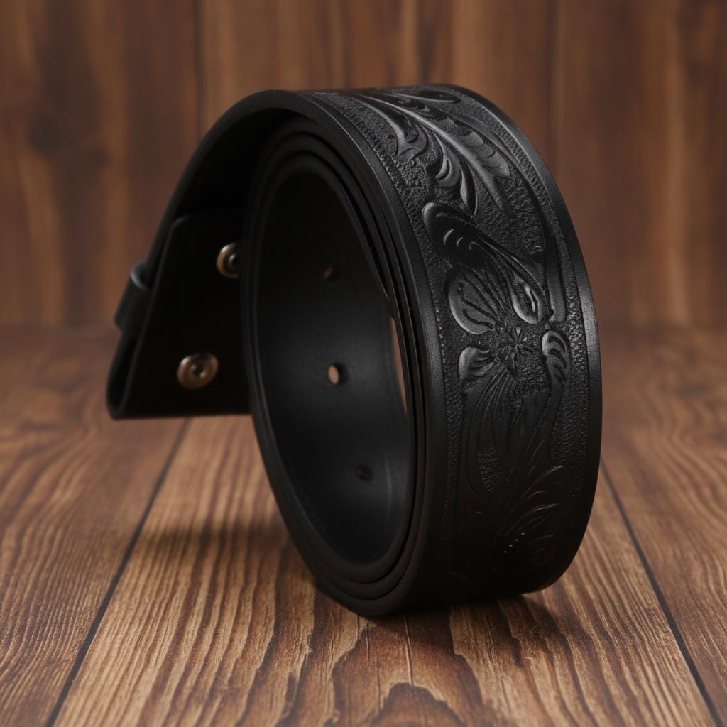 Black Embossed Leather Belt, Western Cowboy Style, Interchangeable ...