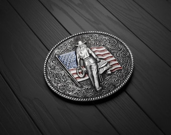 American West Cowboy Belt Buckle Silver Metal | Handmade Style Patriotic Western Buckle | Men & Cowgirl Rodeo Fashion