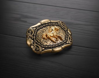 Hebilla de cinturón de caballo occidental de metal dorado antiguo / Hebilla de rodeo de vaquero retro / Accesorio de moda occidental unisex