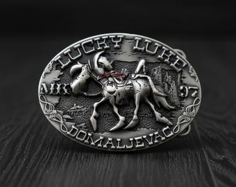 Hebilla de cinturón Lucky Luke Cowboy, hebilla de jinete de caballo western antigua de plata.