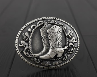 Hebilla de cinturón de botas vaqueras de plata antigua, accesorio estilo rodeo del oeste.