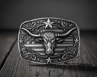 Silver Longhorn Belt Buckle – Vintage Cowboy Bull Head Buckle, American Flag