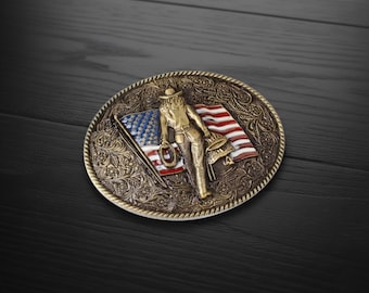 American West Cowboy Belt Buckle Gold Metal | Handmade Style Patriotic Western Buckle | Men & Cowgirl Rodeo Fashion
