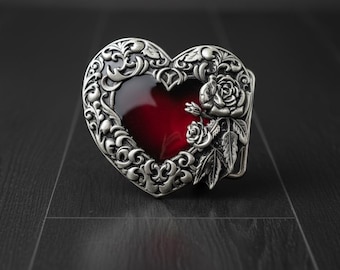Red Heart Floral Western Belt Buckle, Antique Silver Tone, Zinc Alloy