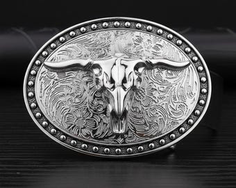 Hebilla de cinturón vintage con calavera de cuernos largos, accesorio vaquero del oeste plateado