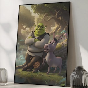Puede incluir: Una impresión enmarcada con Shrek y Asno de la película animada. Shrek, un ogro verde, está apoyado en un árbol, mientras que Asno está a su lado. El fondo representa una exuberante escena forestal con árboles y follaje.