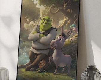 Shrek and Donkey Poster - Cute Forest Meme Art Print, Dreamworks Decor