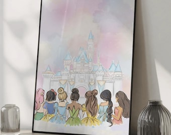 Watercolor Disney Princesses Poster - Magic Kingdom Castle Art Print, Dreamy Nursery Decor