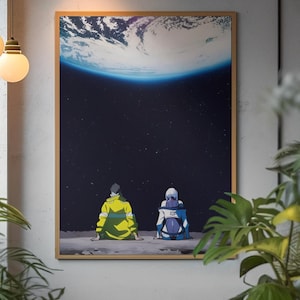 May include: A framed art print featuring two figures seated on a celestial body, gazing at a vibrant blue and white planet. The artwork has a space theme, with a dark starry background and a wooden frame.