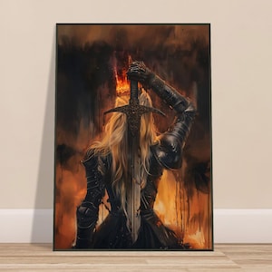 Peut inclure: Une impression d'art encadrée représente un guerrier en armure noire, tenant une épée. Le guerrier a de longs cheveux blonds et se détache sur un fond abstrait et enflammé. L'œuvre évoque des thèmes de fantaisie et de force.