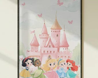 Disney Princesses Together Poster - Kawaii Cartoon Art Print, Cute Nursery Decor - Cute Princess Posters