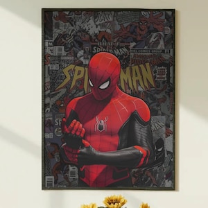 May include: A framed Spider-Man poster hangs on a wall above a small table. The poster features a red and black Spider-Man figure against a comic book background. A vase of sunflowers sits on the table.