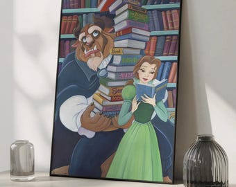 Beauty and the Beast Art Print - Belle and the Beast Library Poster, Vintage Disney Wall Decor, Fairy Tale Fan Gift