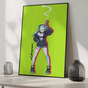 Puede incluir: Un p&oacute;ster enmarcado con un personaje de estilo anime con cabello turquesa, sosteniendo un arma, sobre un fondo verde brillante. El personaje lleva una chaqueta y pantalones cortos negros, con la palabra "CYBERPUNK" escrita verticalmente a la izquierda.