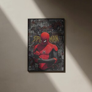 May include: Framed poster featuring Spider-Man in a red and black suit, set against a comic book collage background. The artwork showcases the superhero in a dynamic pose, with the word "Spider-Man" prominently displayed.