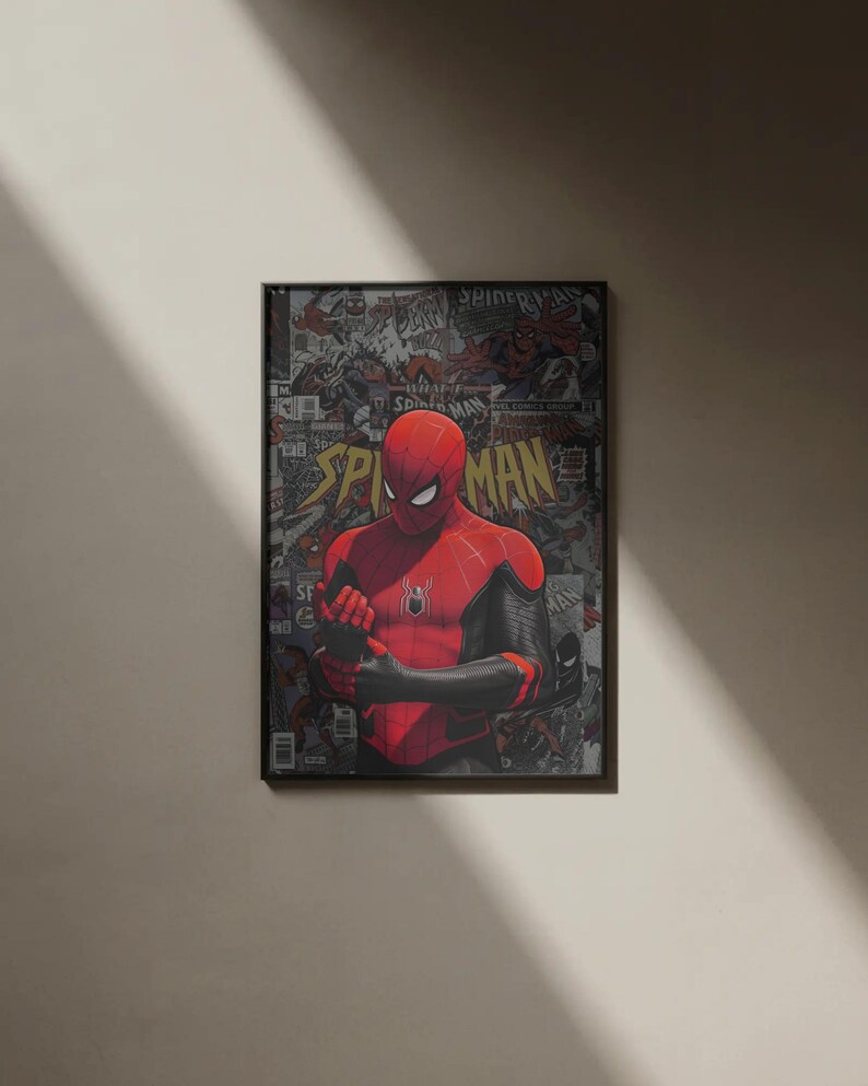 May include: Framed poster featuring Spider-Man in a red and black suit, set against a comic book collage background. The artwork showcases the superhero in a dynamic pose, with the word "Spider-Man" prominently displayed.