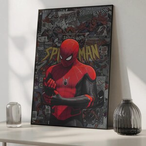 May include: A framed Spider-Man poster. The artwork features Spider-Man in a red and black suit, set against a backdrop of comic book panels. The poster is displayed on a white shelf, with a clear glass vase and a dark gray vase.