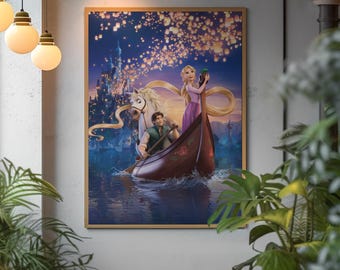 Tangled Movie Poster, Rapunzel and Flynn Wall Art, Disney Princess Print, Lantern Scene Decor, Fairytale Room Poster