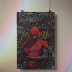 May include: A poster featuring Spider-Man in a red and black suit, set against a backdrop of comic book panels. The poster is held by two clips at the top, showcasing the iconic superhero in a dynamic pose.