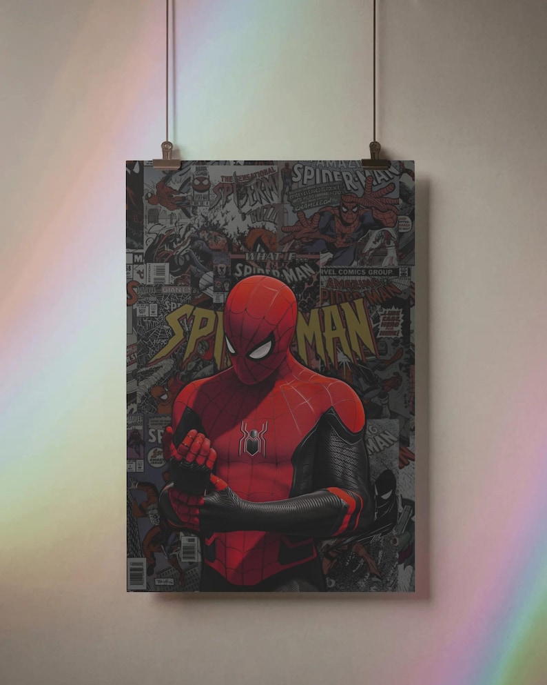 May include: A poster featuring Spider-Man in a red and black suit, set against a backdrop of comic book panels. The poster is held by two clips at the top, showcasing the iconic superhero in a dynamic pose.