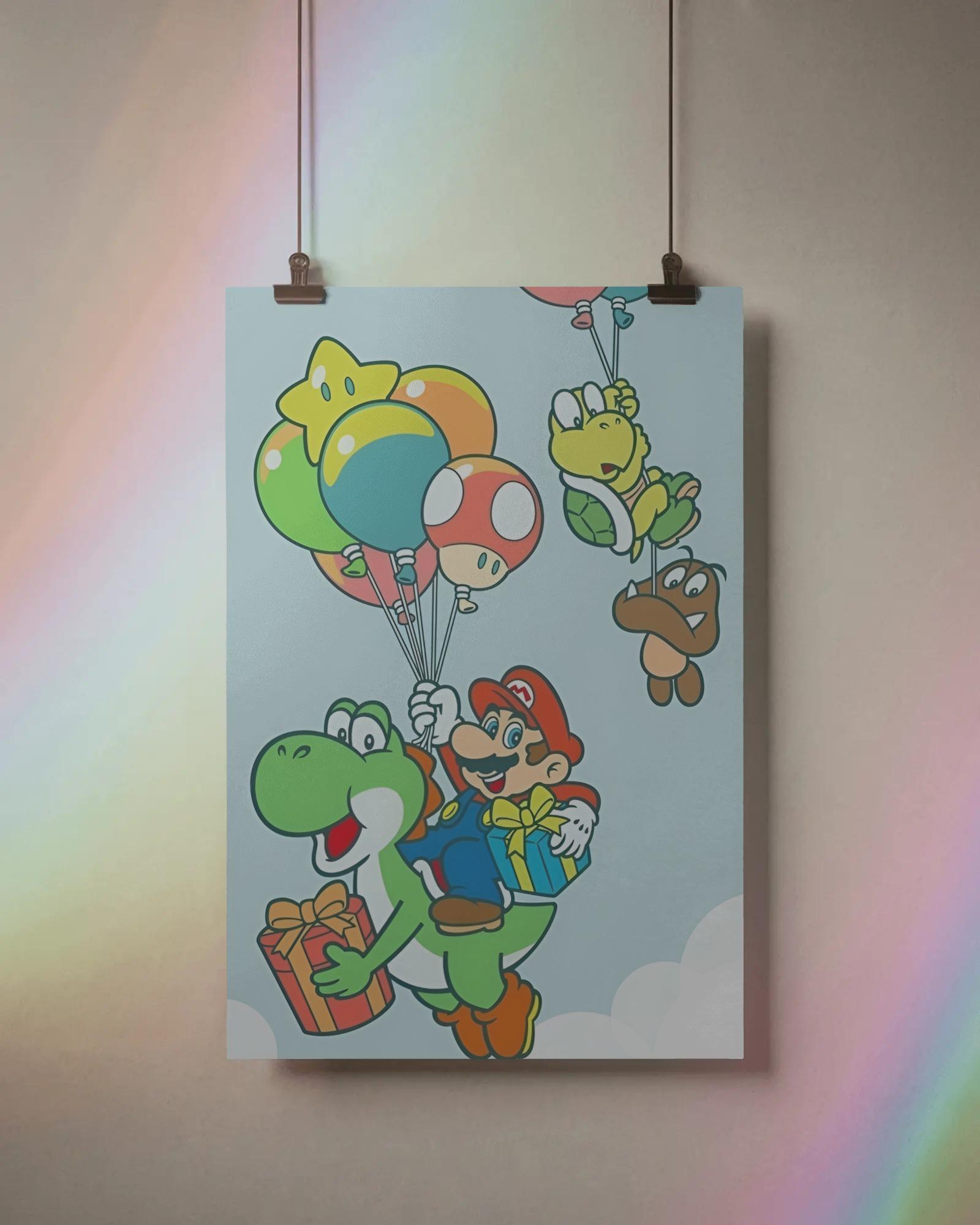 The Super Mario Galaxy Movie Poster - Mario and Yoshi Flying Art, Kids ...