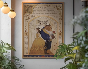 Beauty and the Beast Poster, Vintage Disney Movie Print, Belle and Beast Wall Art, Classic Fairy Tale Decor