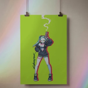 Puede incluir: Un p&oacute;ster verde ne&oacute;n con un personaje de anime sosteniendo un arma, con humo saliendo del ca&ntilde;&oacute;n. El personaje tiene cabello turquesa y lleva una chaqueta negra. La palabra "Cyberpunk" est&aacute; escrita en verde.