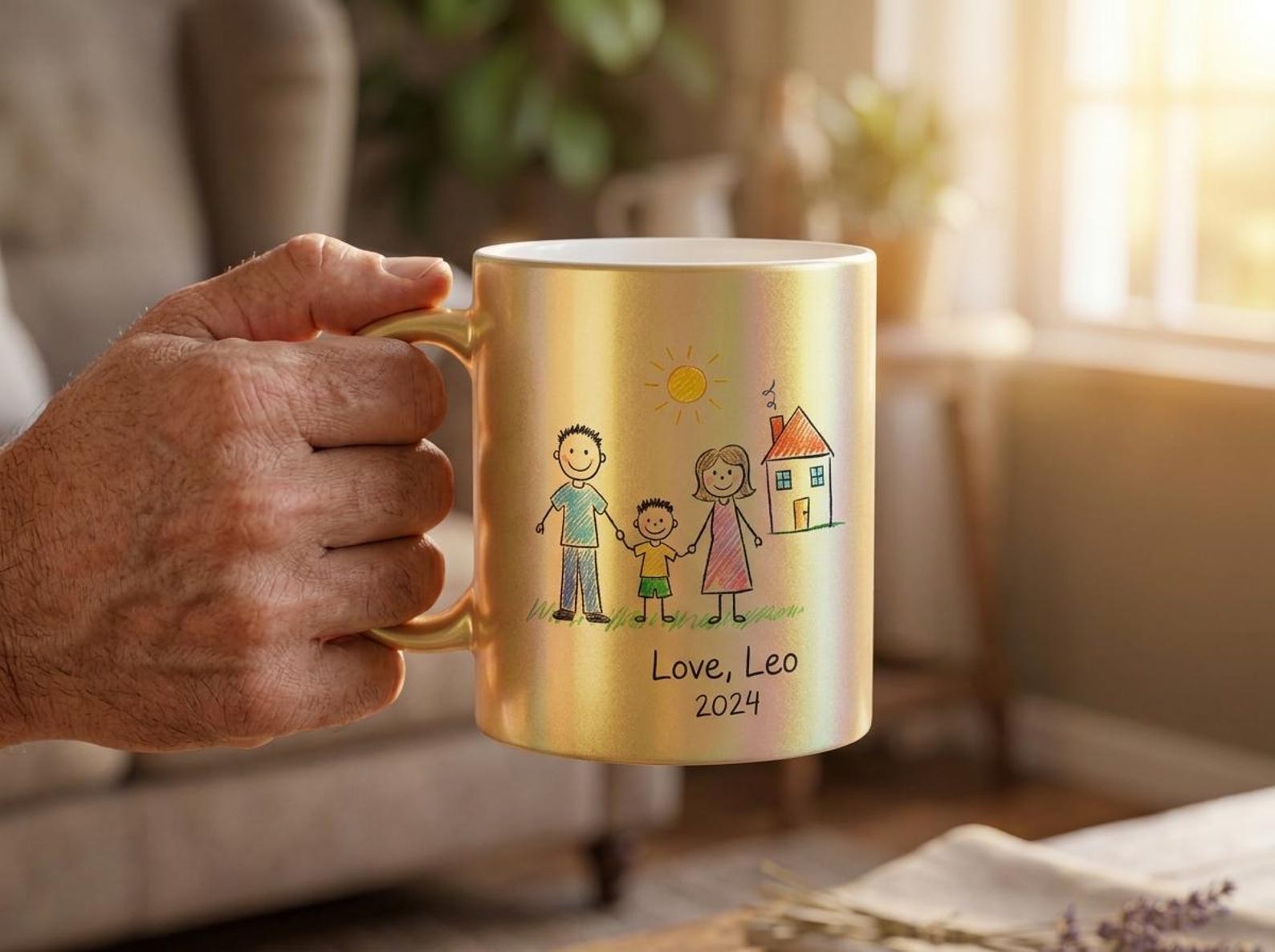 Hand holding a gold metallic mug printed with a child's family drawing of a house, mom, dad, and child, signed "Love, Leo 2024"
