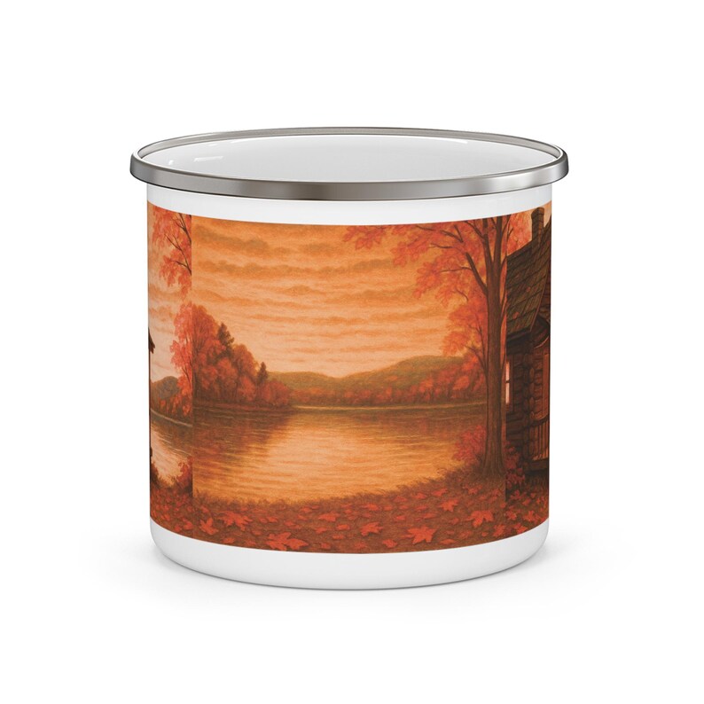 Taza esmaltada con diseño de cabaña otoñal en el lago / Taza de café con paisaje rústico otoñal imagen 8