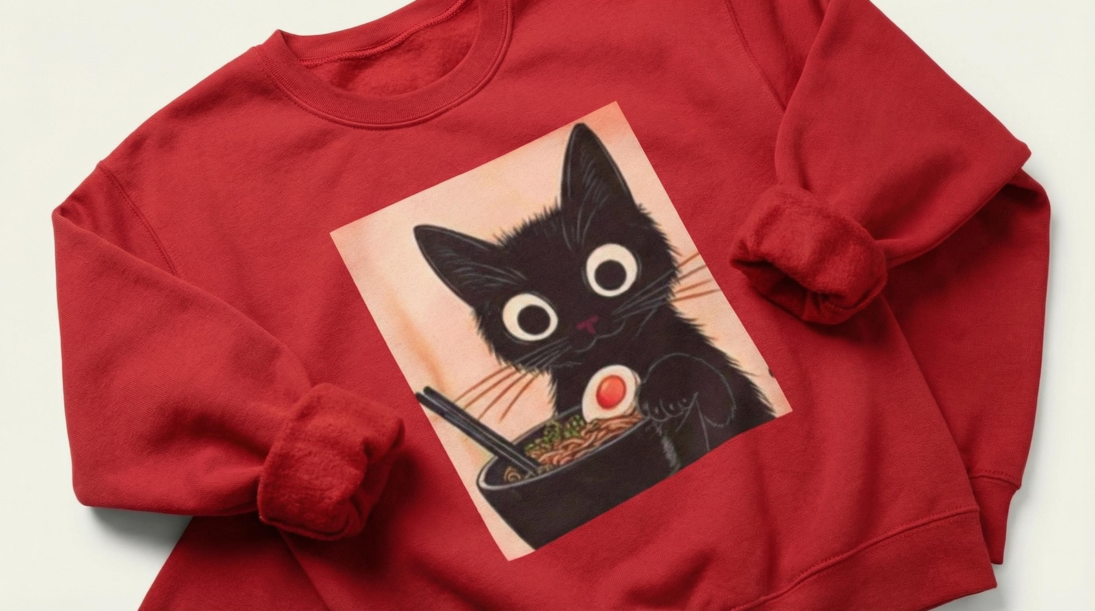 The black cat ramen sweatshirt paired with a scarf for a cozy fall look