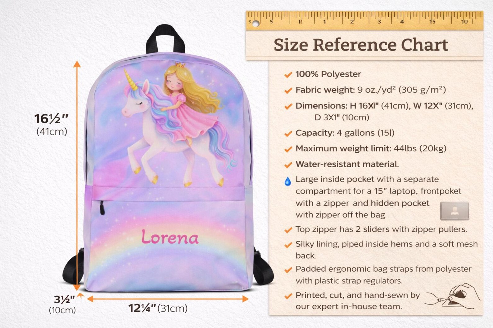 The personalized unicorn backpack shown from another angle