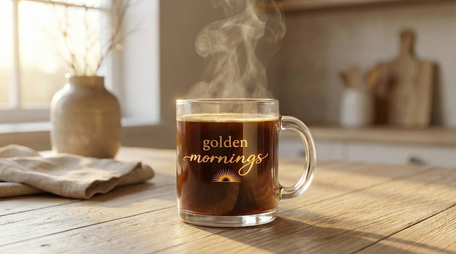 A clear glass mug filled with steaming dark coffee, printed with "golden mornings" in gold script and a sun graphic, on a wooden table