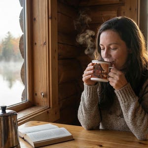 Taza esmaltada con diseño de cabaña otoñal en el lago / Taza de café con paisaje rústico otoñal imagen 4