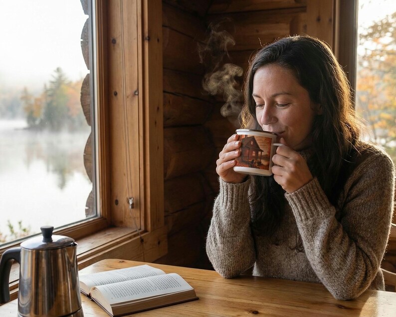 Taza esmaltada con diseño de cabaña otoñal en el lago / Taza de café con paisaje rústico otoñal imagen 4