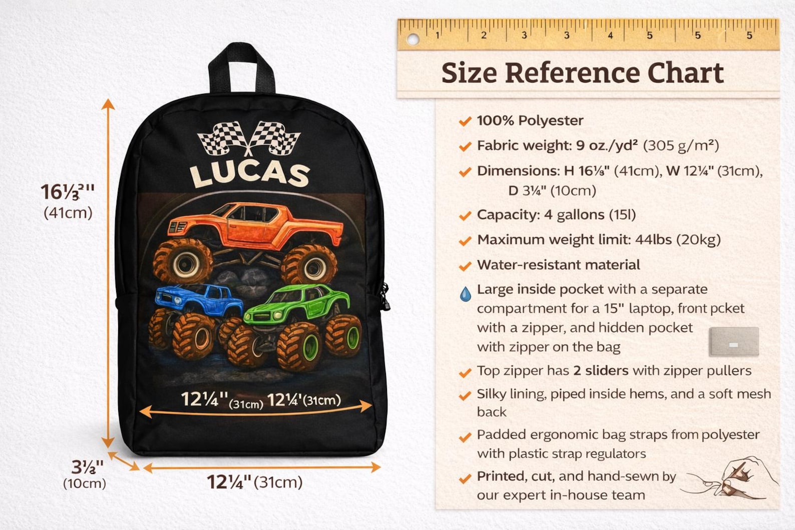 The monster truck backpack packed and ready for a school day