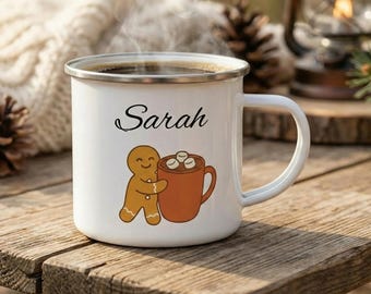 Taza de esmalte personalizada con forma de pan de jengibre abrazando chocolate caliente / Chocolate caliente navideño de invierno