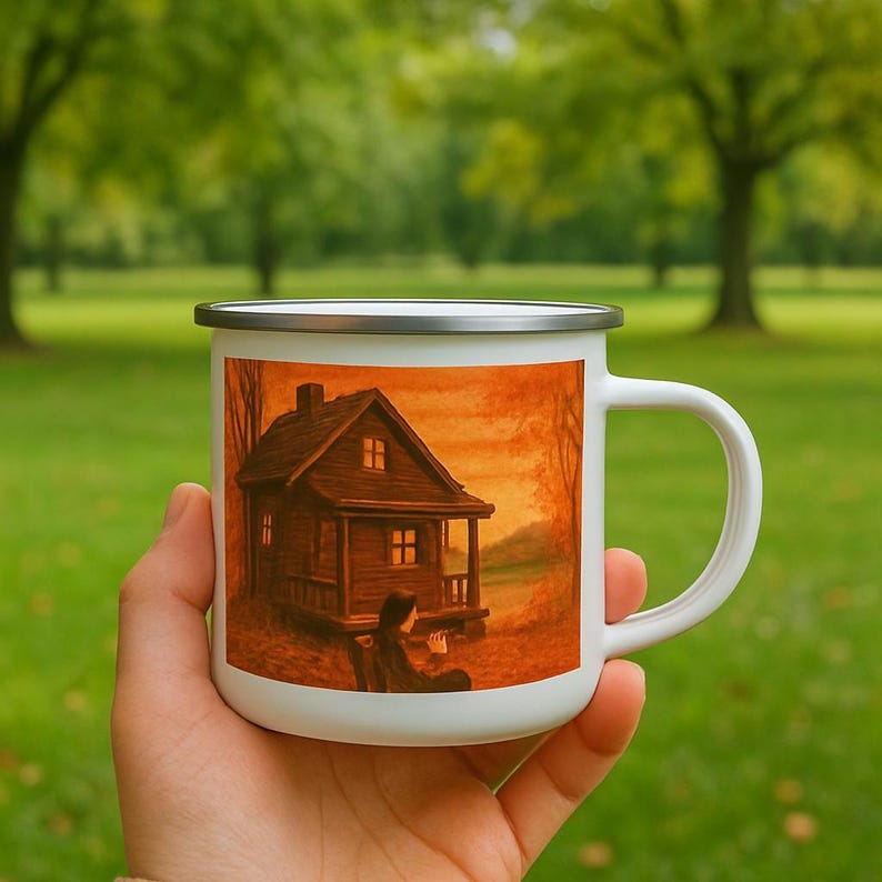 Taza esmaltada con diseño de cabaña otoñal en el lago / Taza de café con paisaje rústico otoñal imagen 6