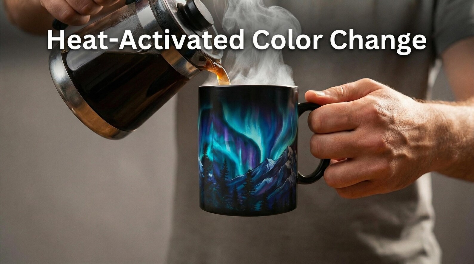 Coffee being poured into the mug as it begins to change color, revealing the aurora design where the hot liquid touches