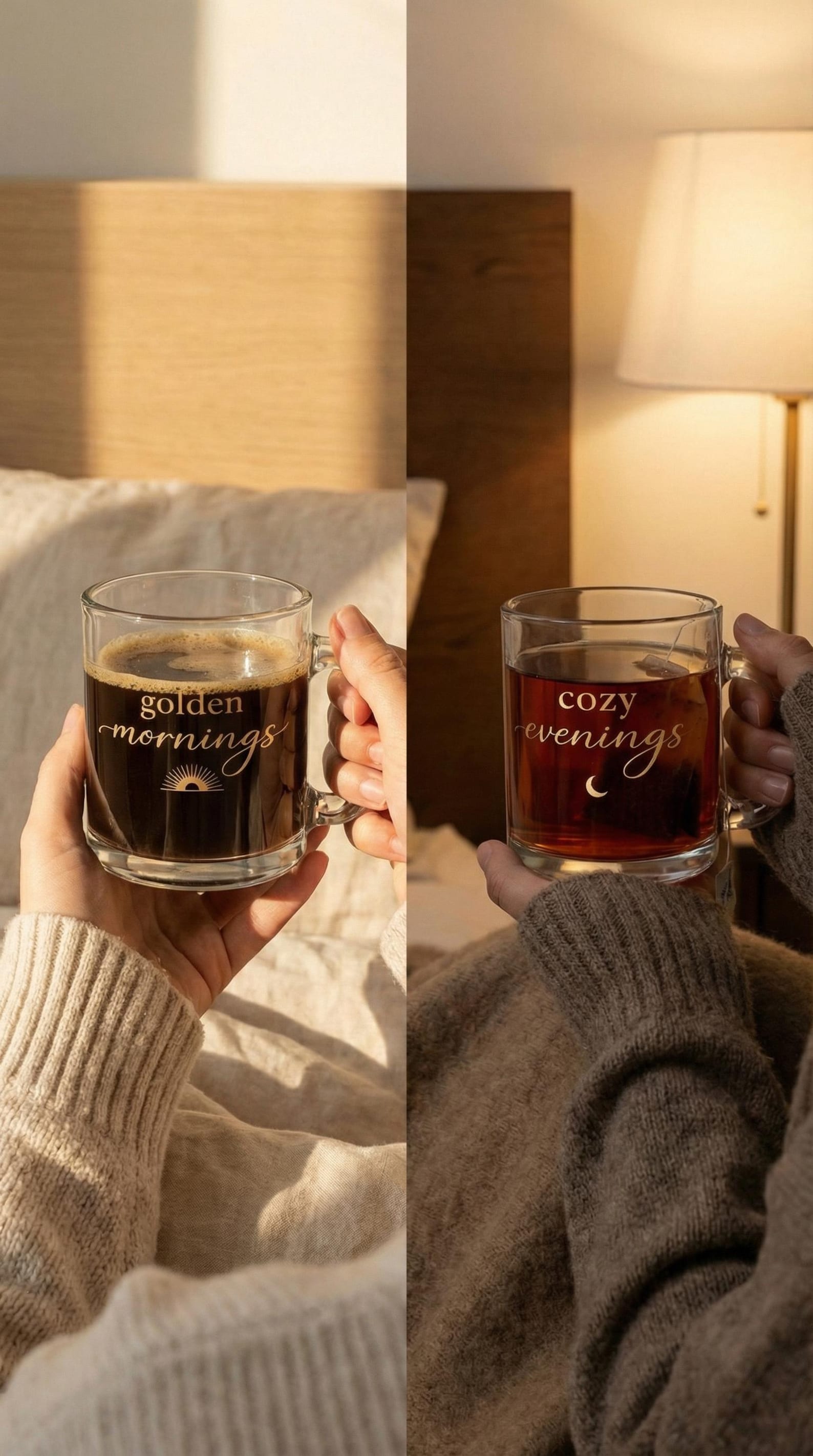 Two clear glass mugs held by a person, one filled with coffee reading "golden mornings" and the other with tea reading "cozy evenings"
