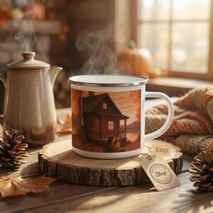 Taza esmaltada con diseño de cabaña otoñal en el lago / Taza de café con paisaje rústico otoñal imagen 1