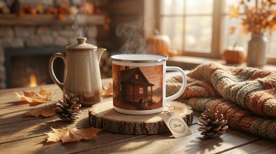 Autumn Cabin Lake Enamel Mug | Rustic Fall Landscape Coffee Cup
